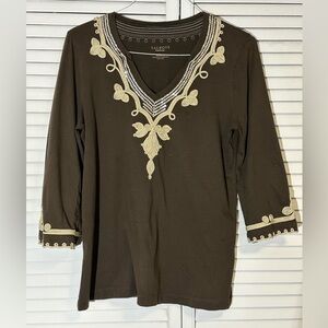 Talbot’s Brown Cotton Jersey Appliqué Top Size L